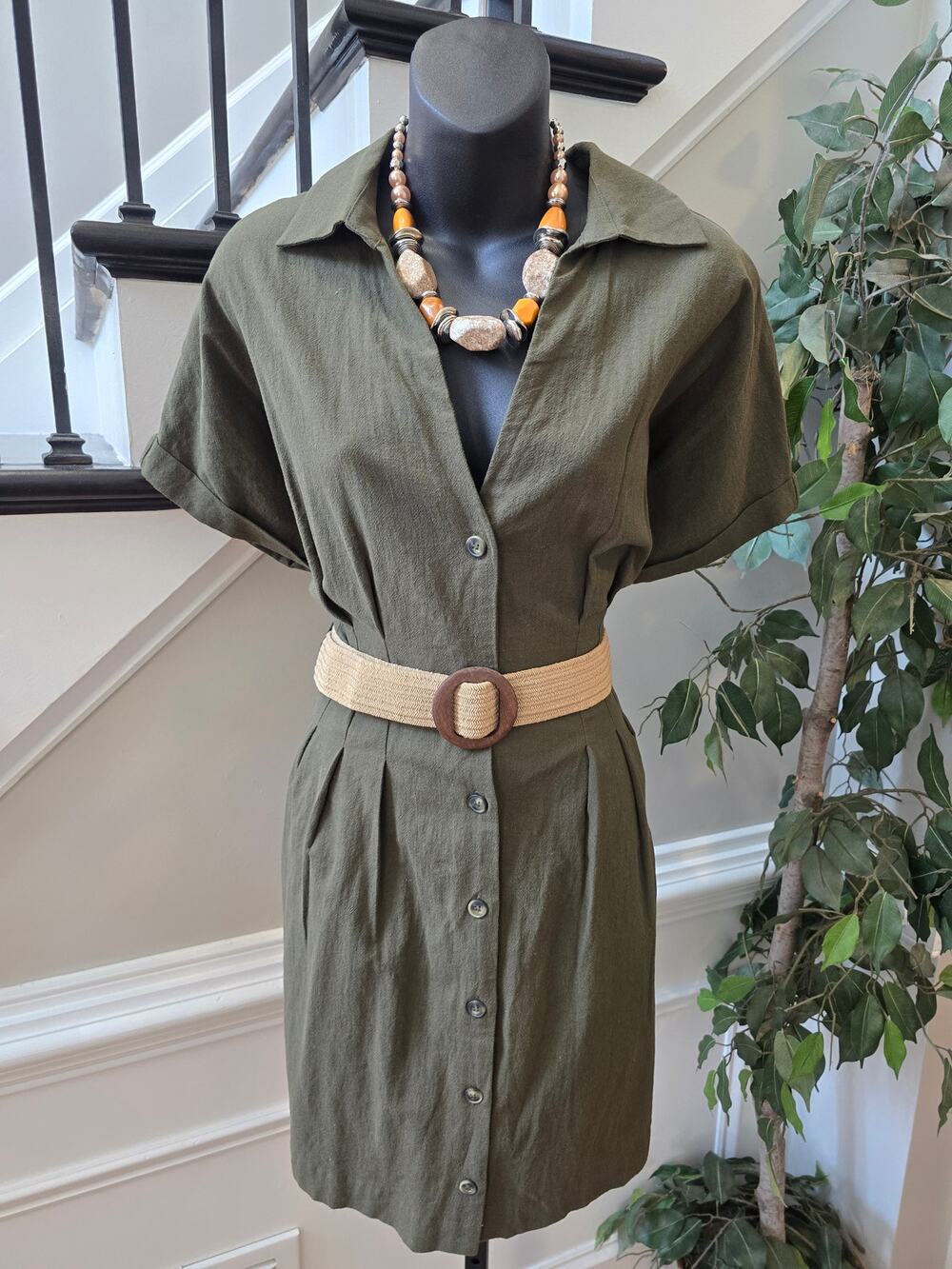 H&M Mini Shirt Dress Women's Small Olive Green Button Up Collar Pleated Back
